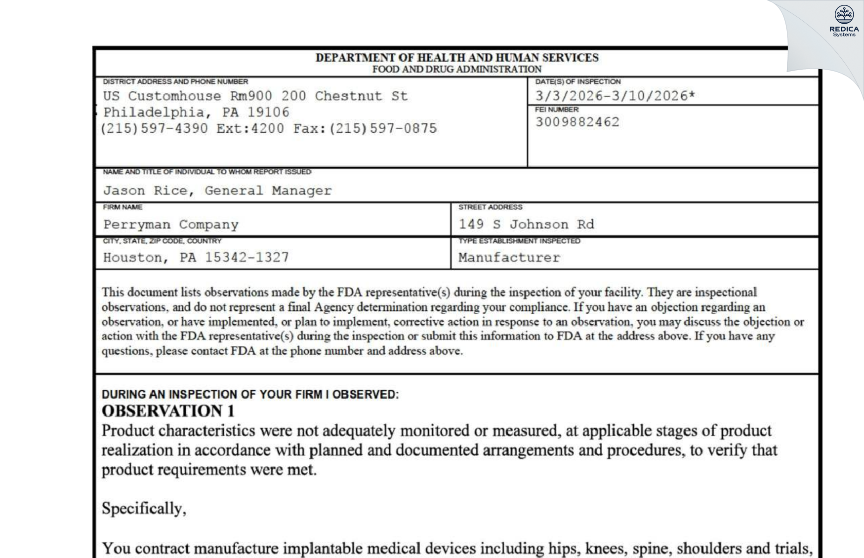 FDA 483 - Perryman Company [Houston / United States of America] - Download PDF - Redica Systems