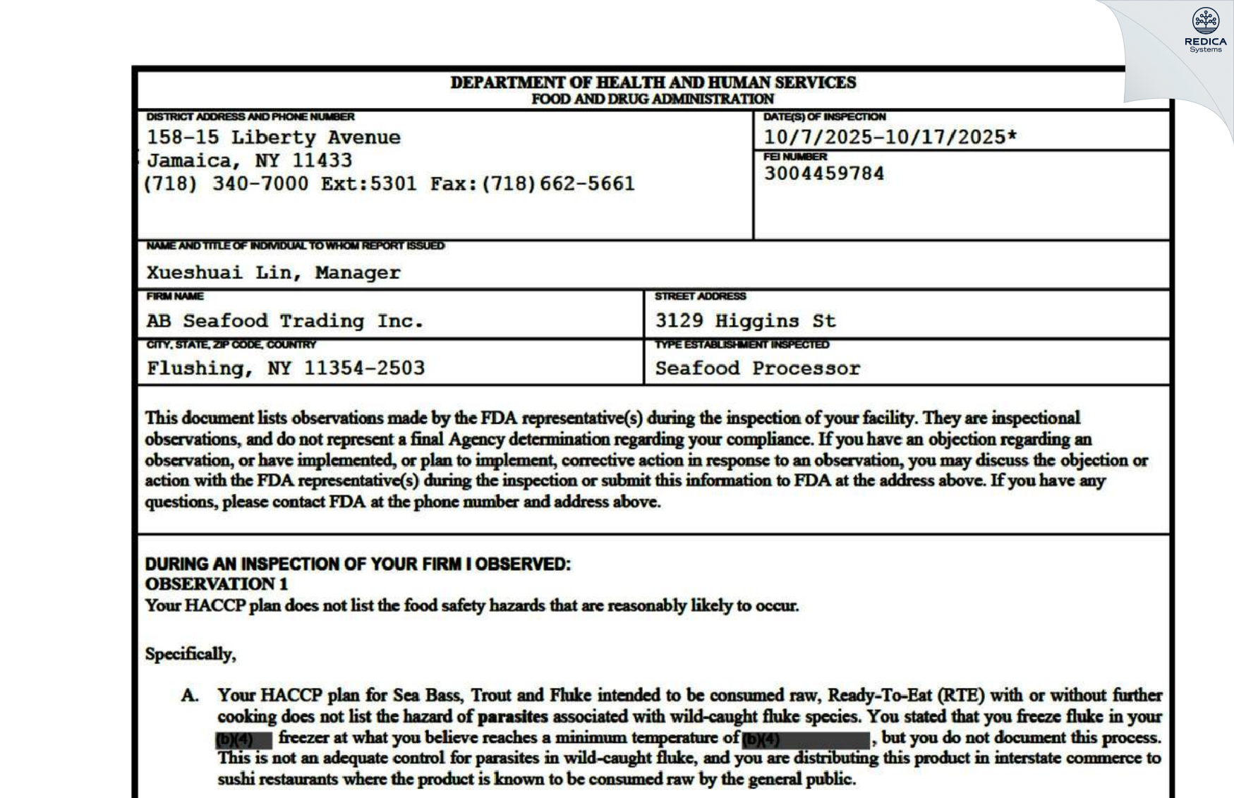 FDA 483 - AB Seafood Trading Inc. [Flushing / United States of America] - Download PDF - Redica Systems