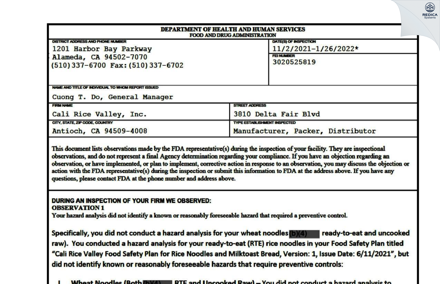 FDA 483 - Cali Rice Valley, Inc. [Antioch / United States of America] - Download PDF - Redica Systems