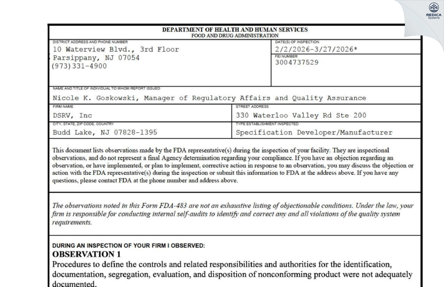 FDA 483 - Octapharma Plasma, Inc. [Clarkston / United States of America] - Download PDF - Redica Systems