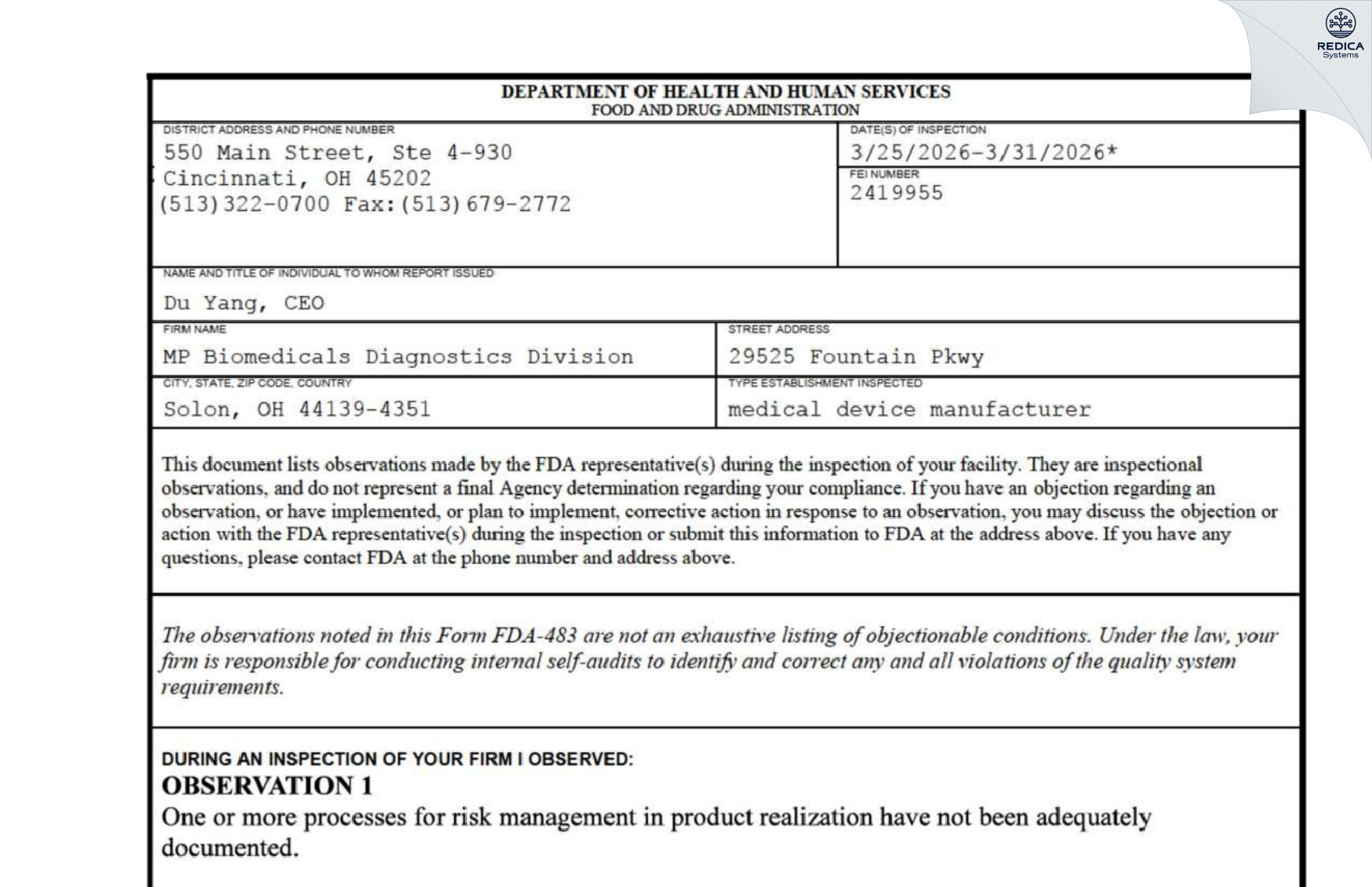 FDA 483 - MP Biomedicals Diagnostics Division [Solon / United States of America] - Download PDF - Redica Systems