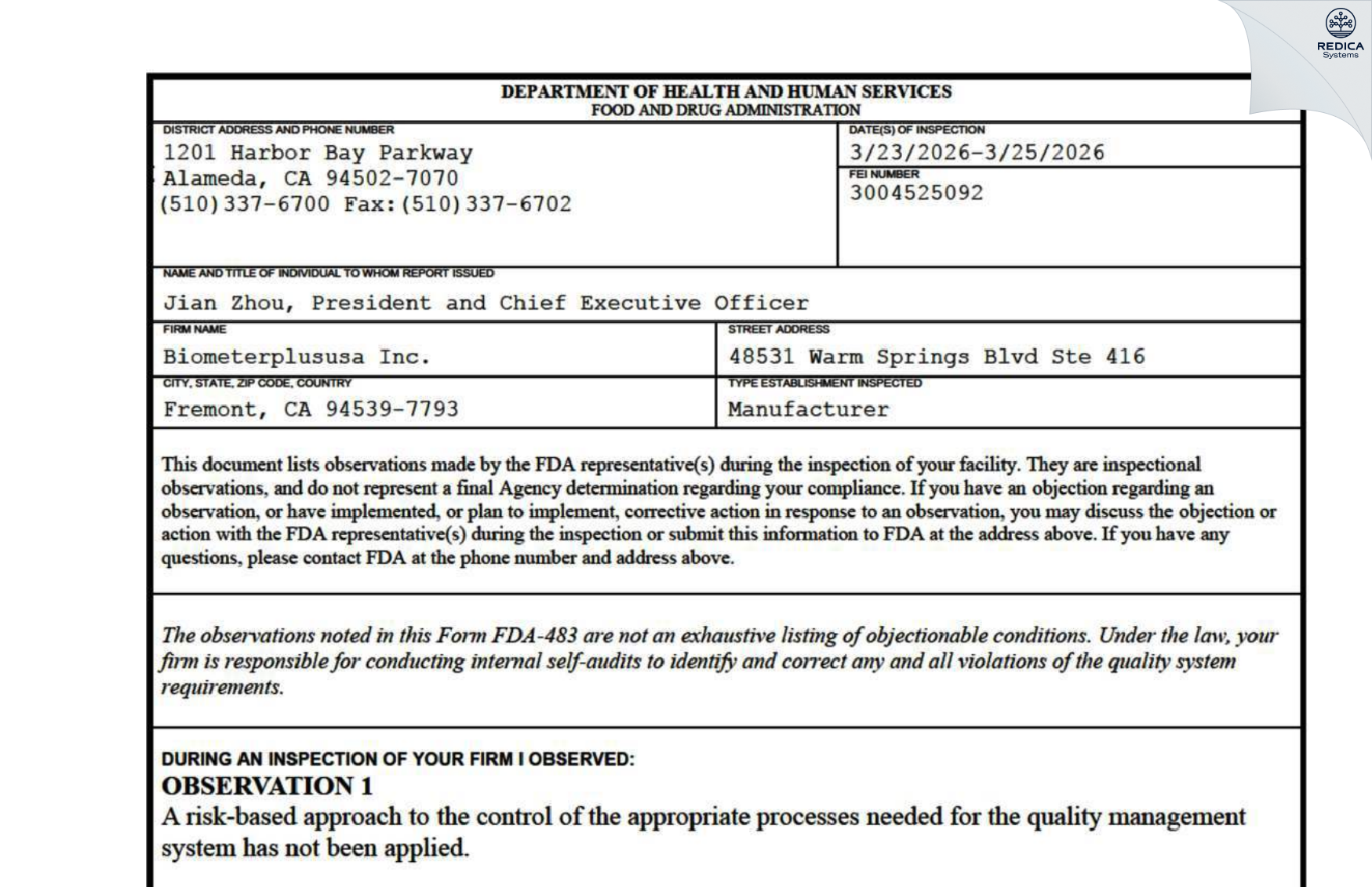 FDA 483 - Biometerplususa Inc. [Fremont / United States of America] - Download PDF - Redica Systems