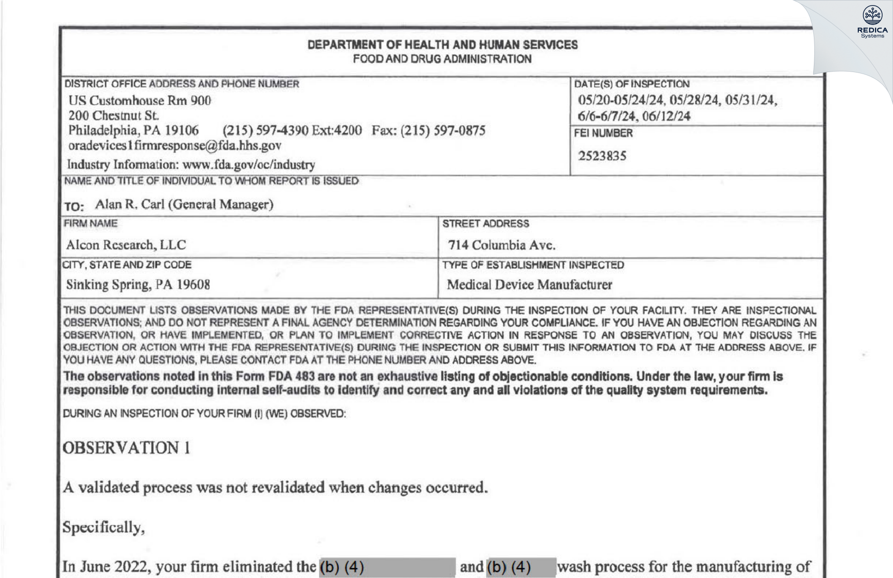 FDA 483 - Alcon Research, LTD. [Reading / United States of America] - Download PDF - Redica Systems