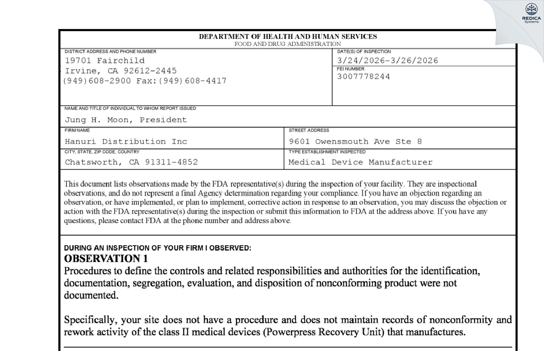 FDA 483 - Hanuri Distribution Inc [Chatsworth / United States of America] - Download PDF - Redica Systems