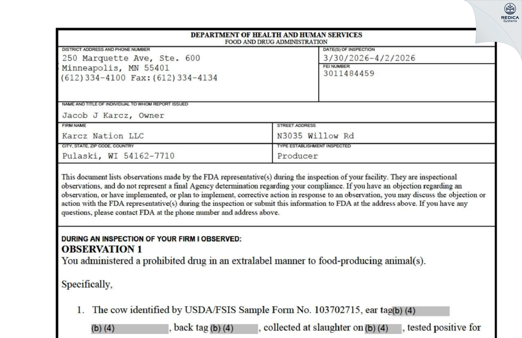 FDA 483 - Karcz Nation LLC [Pulaski / United States of America] - Download PDF - Redica Systems