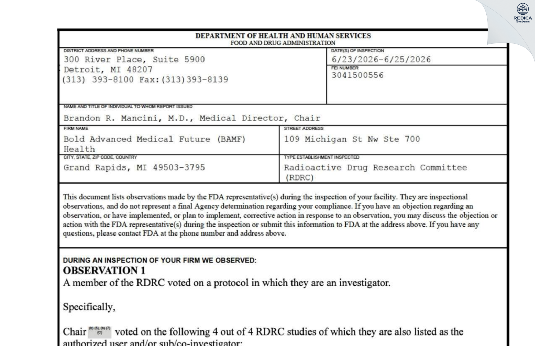 FDA 483 - Bold Advanced Medical Future (BAMF) Health [Grand Rapids / United States of America] - Download PDF - Redica Systems