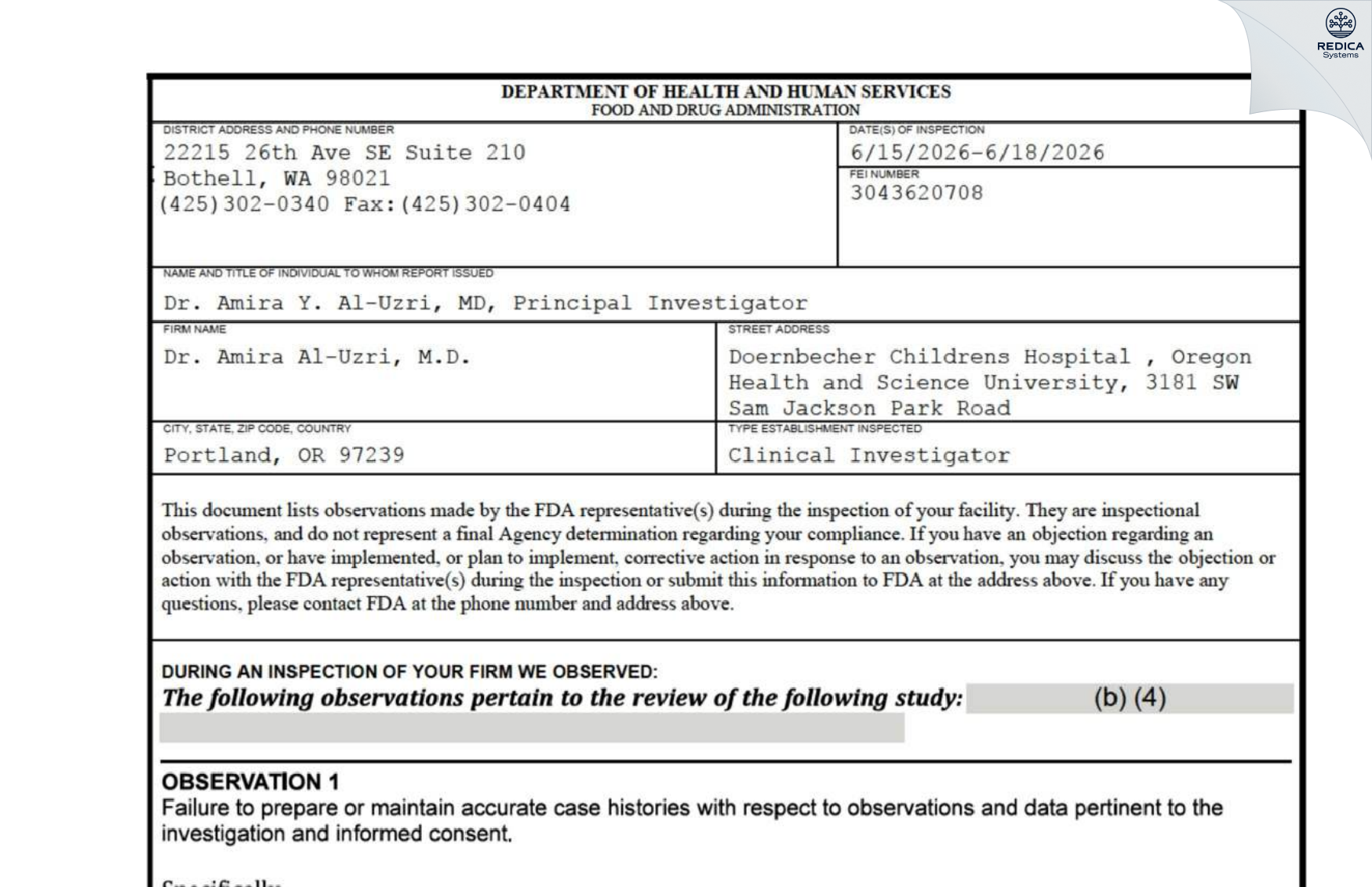 FDA 483 - Dr. Amira Al-Uzri, M.D. [Portland / United States of America] - Download PDF - Redica Systems