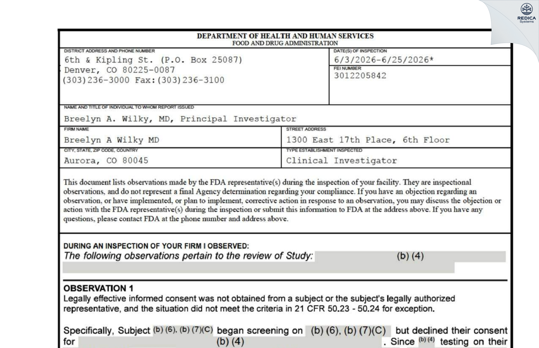 FDA 483 - Breelyn A Wilky MD [Aurora / United States of America] - Download PDF - Redica Systems