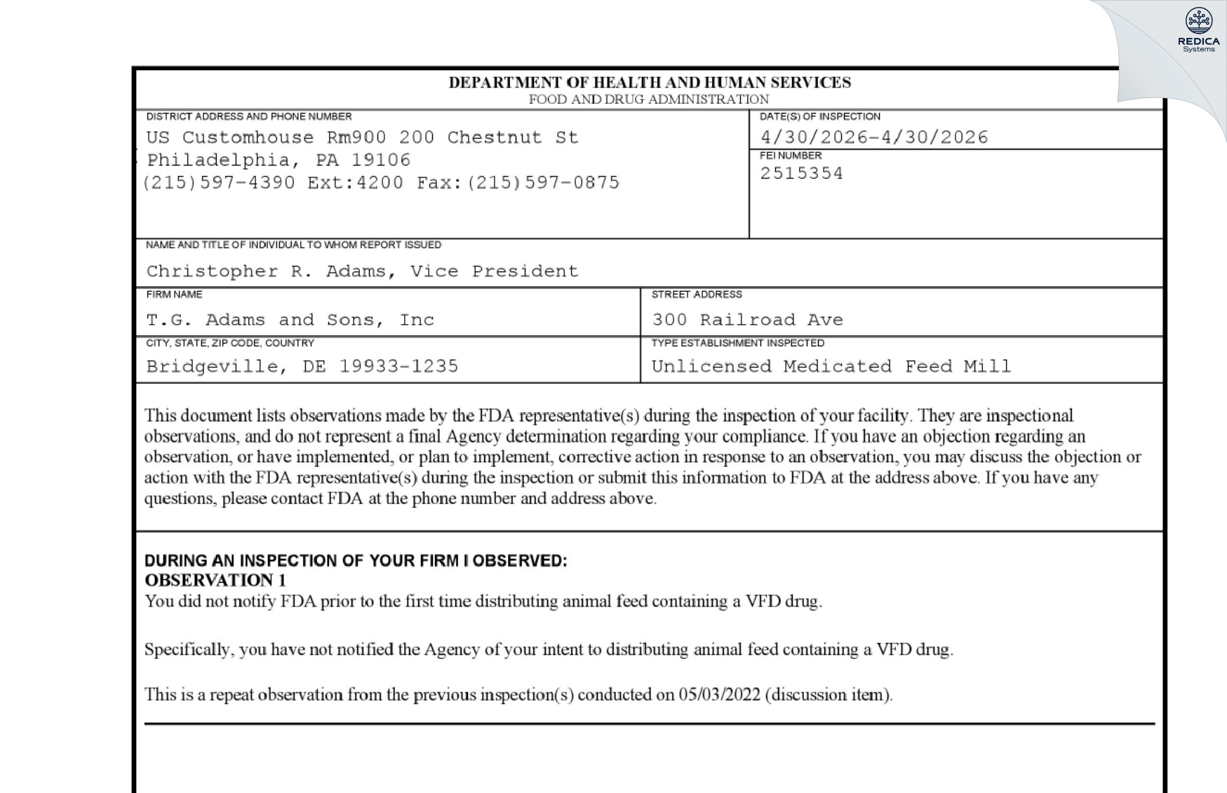 FDA 483 - T.G. Adams and Sons, Inc [Bridgeville / United States of America] - Download PDF - Redica Systems