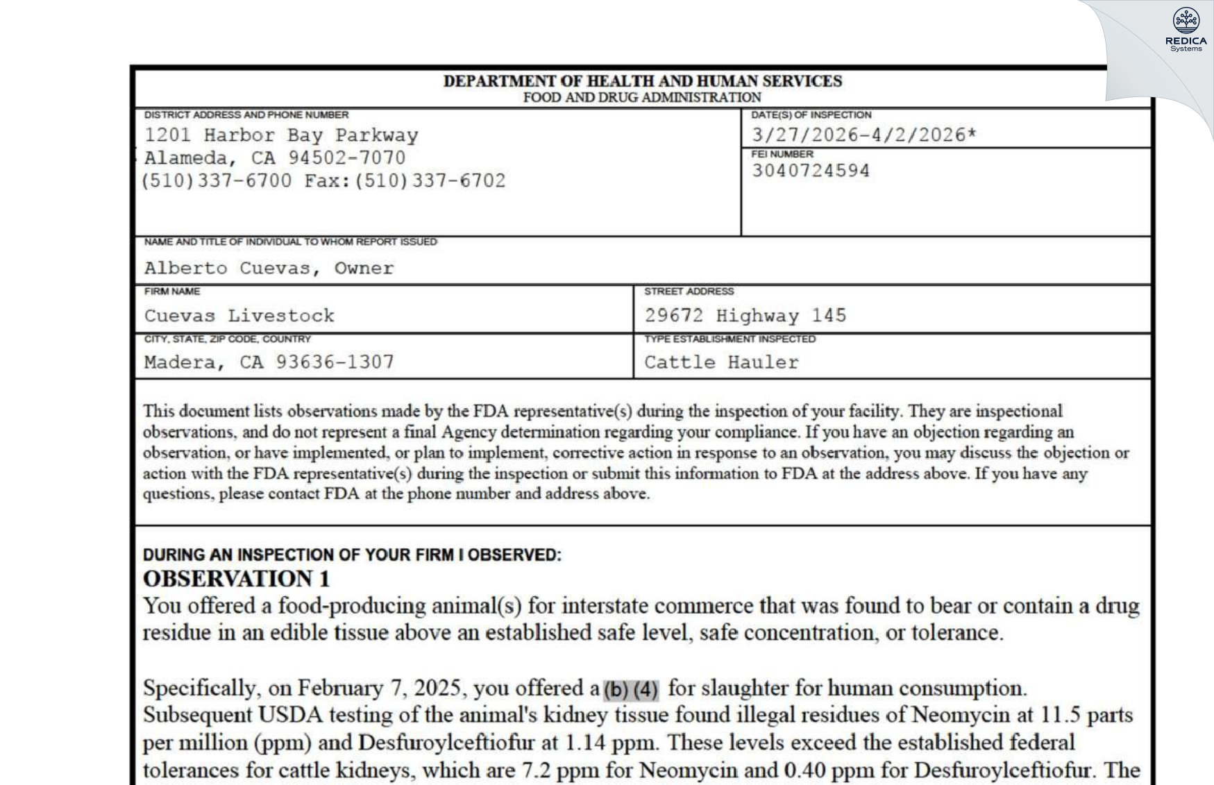 FDA 483 - H & S Halal [Madera / United States of America] - Download PDF - Redica Systems
