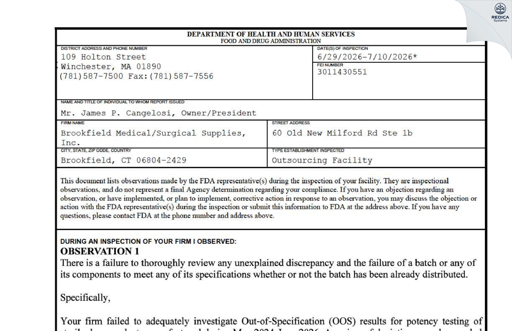 FDA 483 - Brookfield Medical/Surgical Supplies, Inc. [Brookfield / United States of America] - Download PDF - Redica Systems