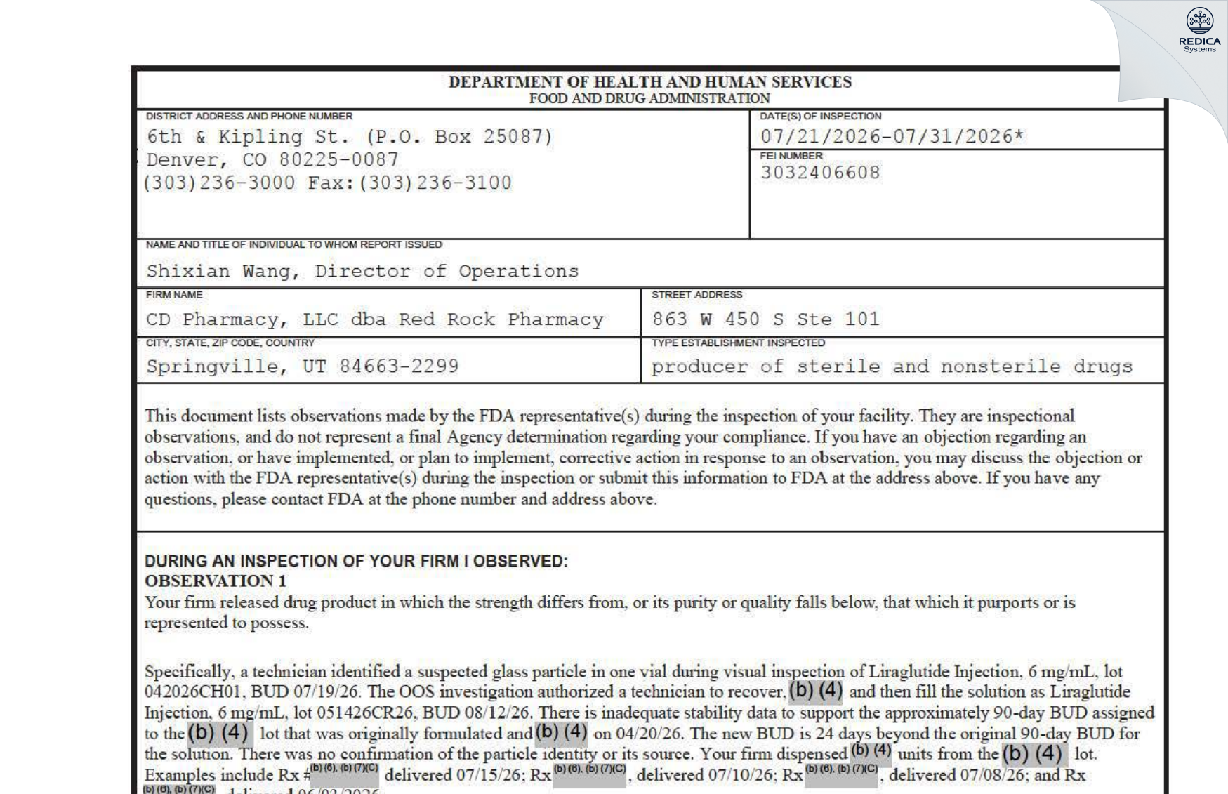 FDA 483 - CD Pharmacy, LLC dba Red Rock Pharmacy [Springville / United States of America] - Download PDF - Redica Systems