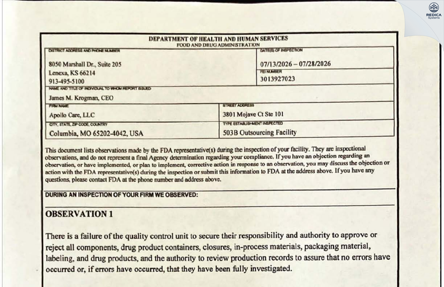 FDA 483 - Apollo Care, LLC [Columbia / United States of America] - Download PDF - Redica Systems