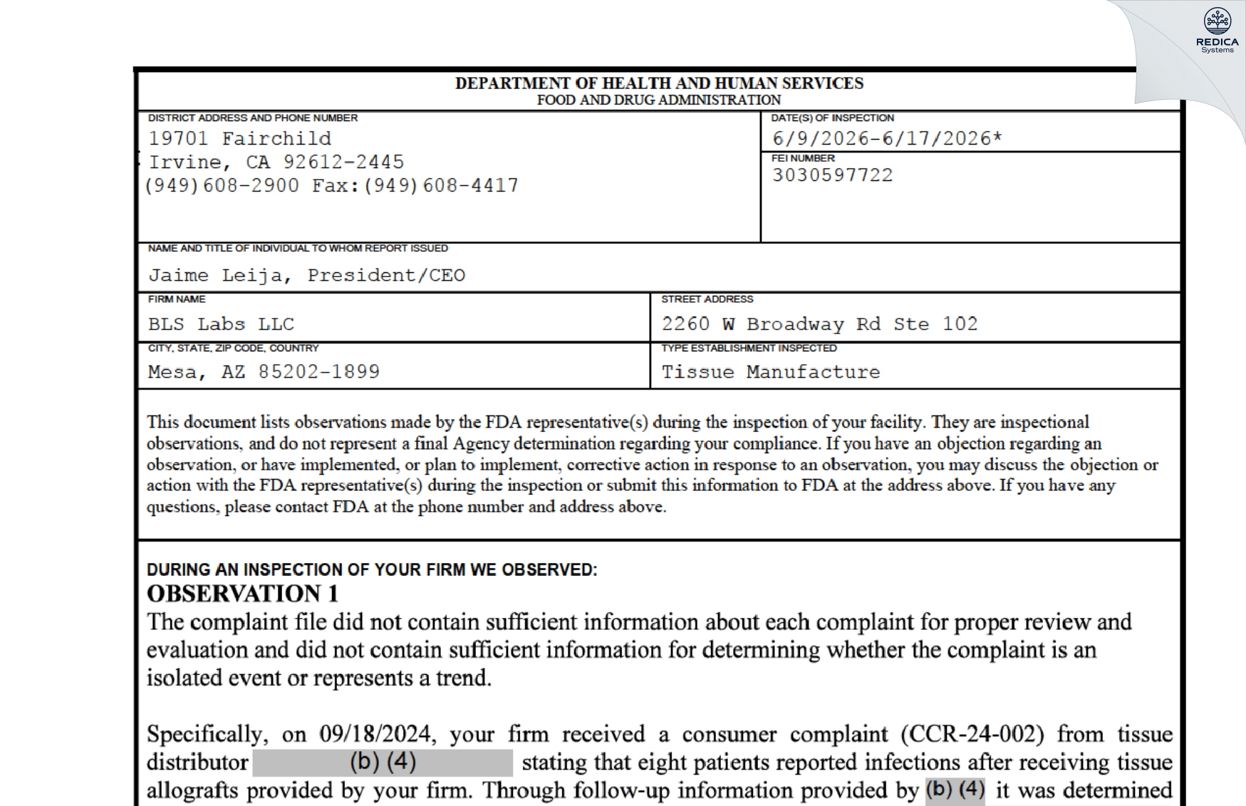 FDA 483 - BLS Labs LLC [Mesa / United States of America] - Download PDF - Redica Systems