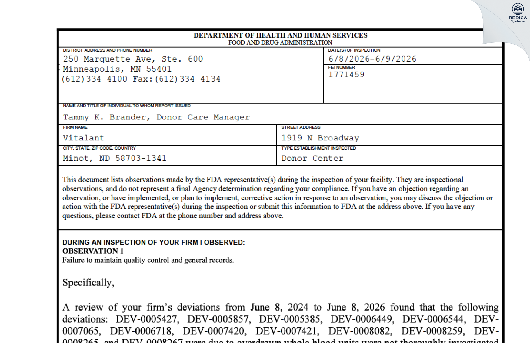 FDA 483 - Vitalant [Minot / United States of America] - Download PDF - Redica Systems