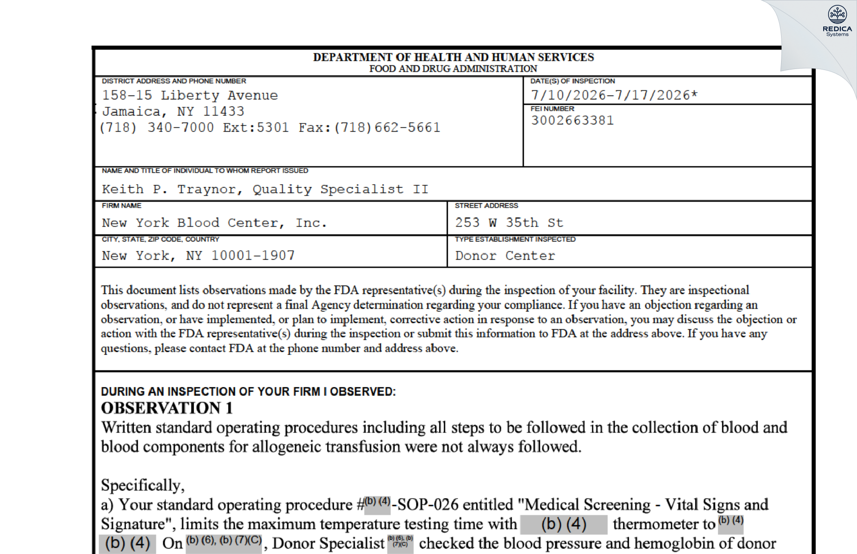 FDA 483 - New York Blood Center, Inc. [New York / United States of America] - Download PDF - Redica Systems