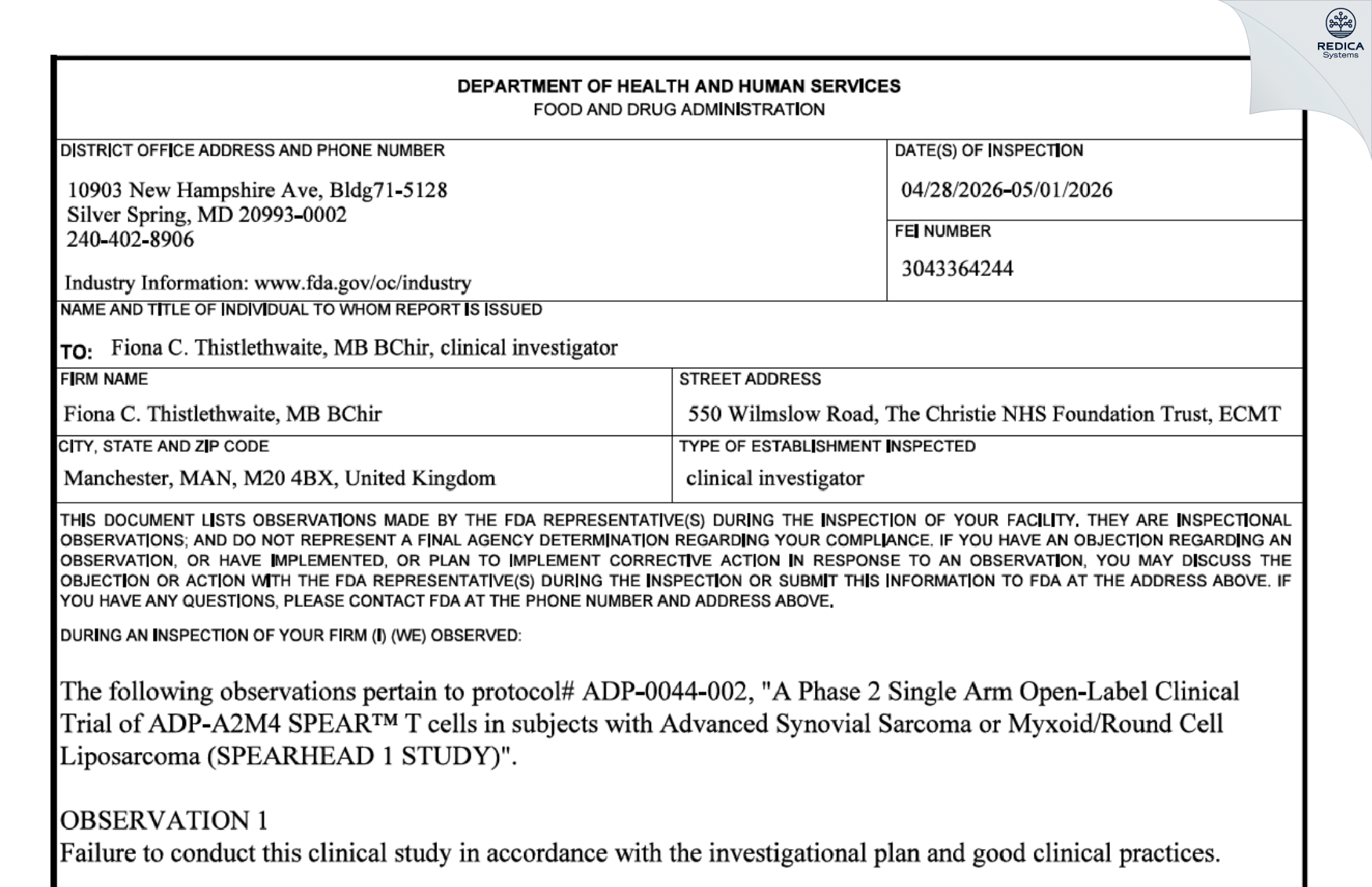 FDA 483 - Fiona C. Thistlethwaite, MB BChir [Manchester / United Kingdom of Great Britain and Northern Ireland] - Download PDF - Redica Systems