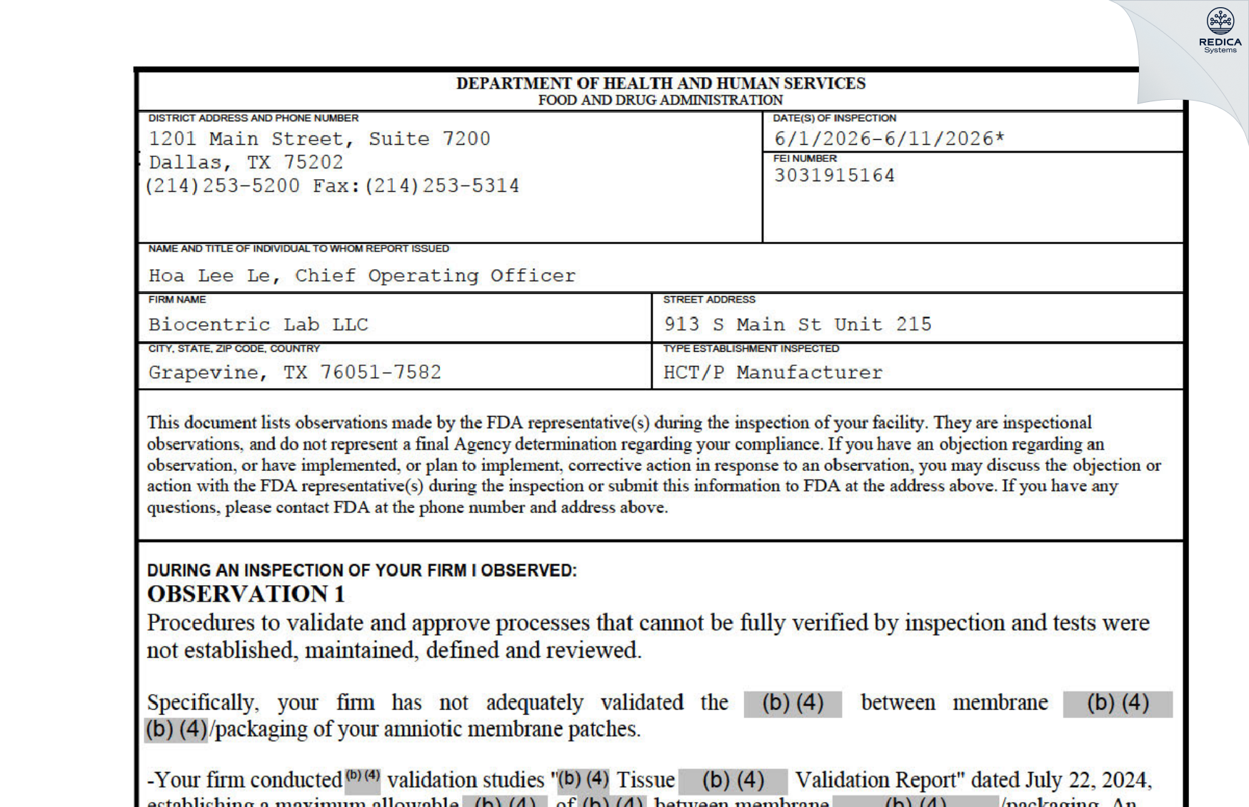 FDA 483 - Biocentric Lab LLC [Grapevine / United States of America] - Download PDF - Redica Systems