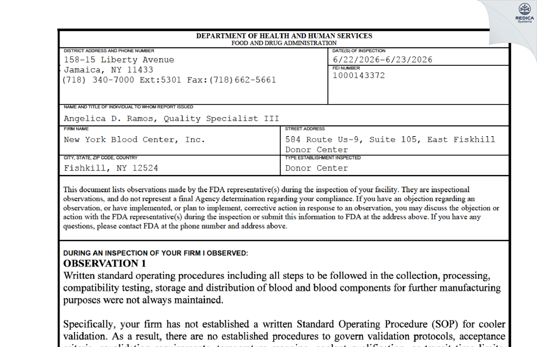 FDA 483 - New York Blood Center, Inc. [Hopewell Junction / United States of America] - Download PDF - Redica Systems