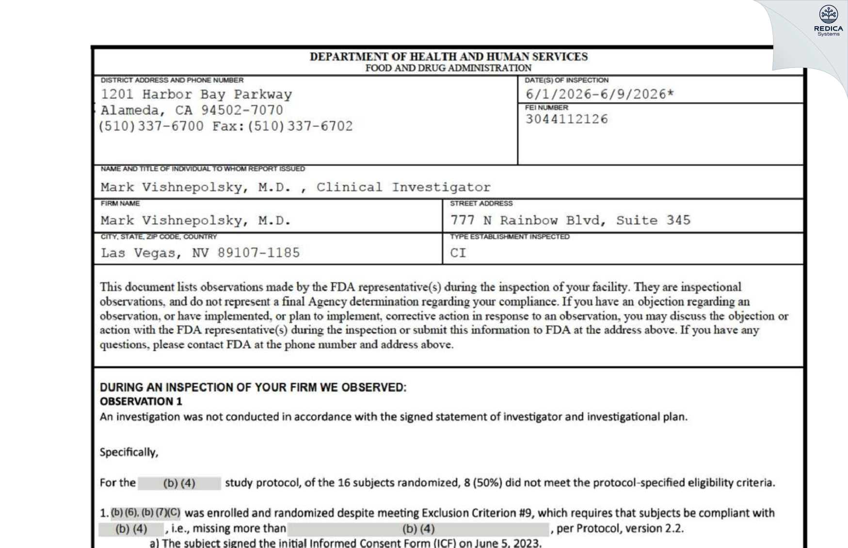 FDA 483 - Mark Vishnepolsky, M.D. [Las Vegas / United States of America] - Download PDF - Redica Systems