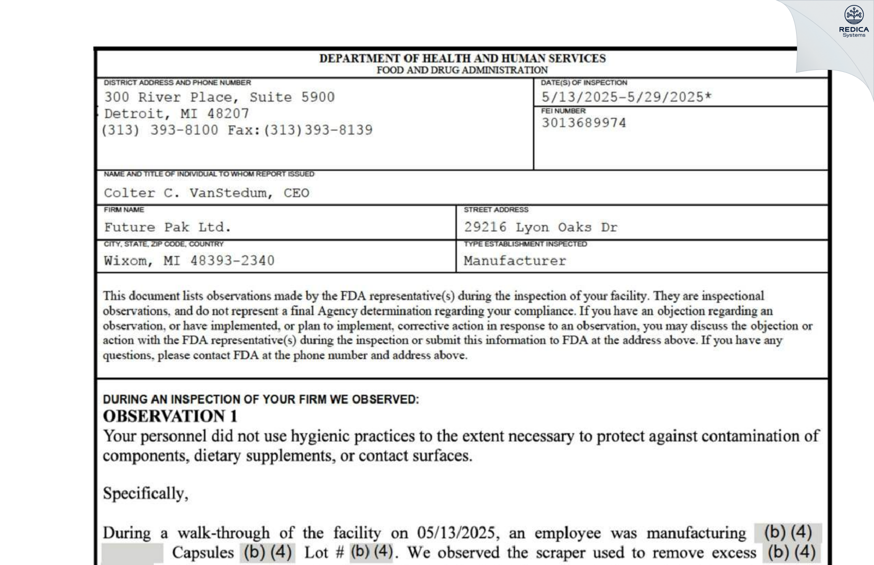 FDA 483 - Future Pak Ltd. [Wixom / United States of America] - Download PDF - Redica Systems