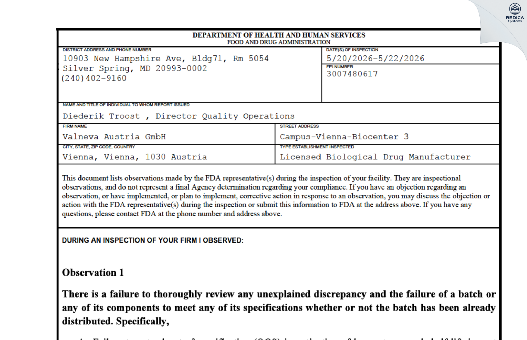 FDA 483 - Valneva Austria GmbH [Wien / Austria] - Download PDF - Redica Systems