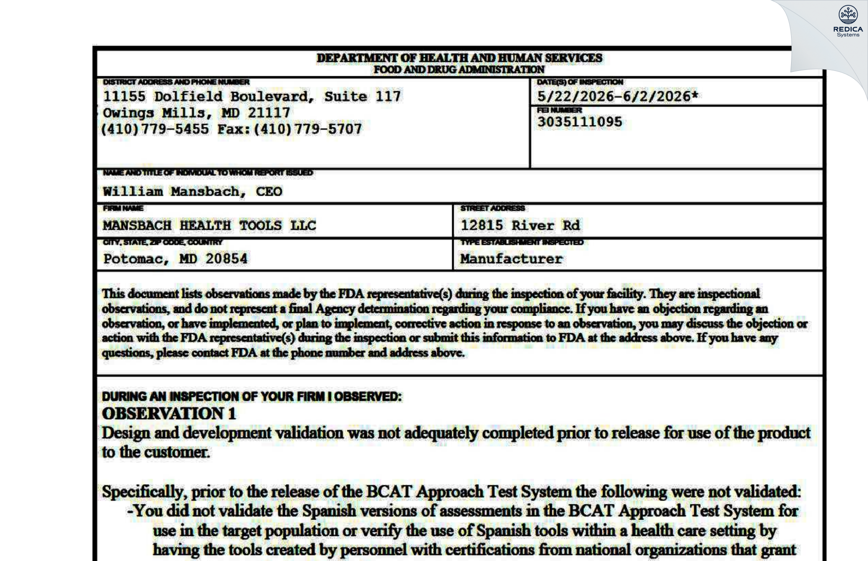 FDA 483 - MANSBACH HEALTH TOOLS LLC [Columbia / United States of America] - Download PDF - Redica Systems