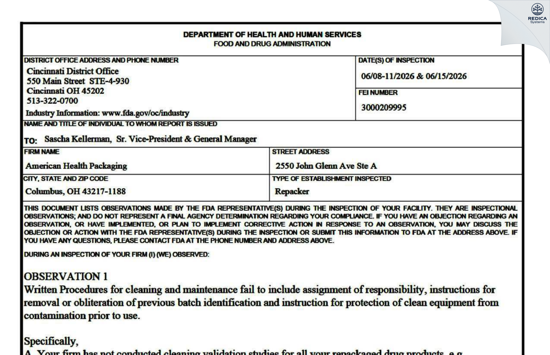 FDA 483 - American Health Packaging [Columbus / United States of America] - Download PDF - Redica Systems