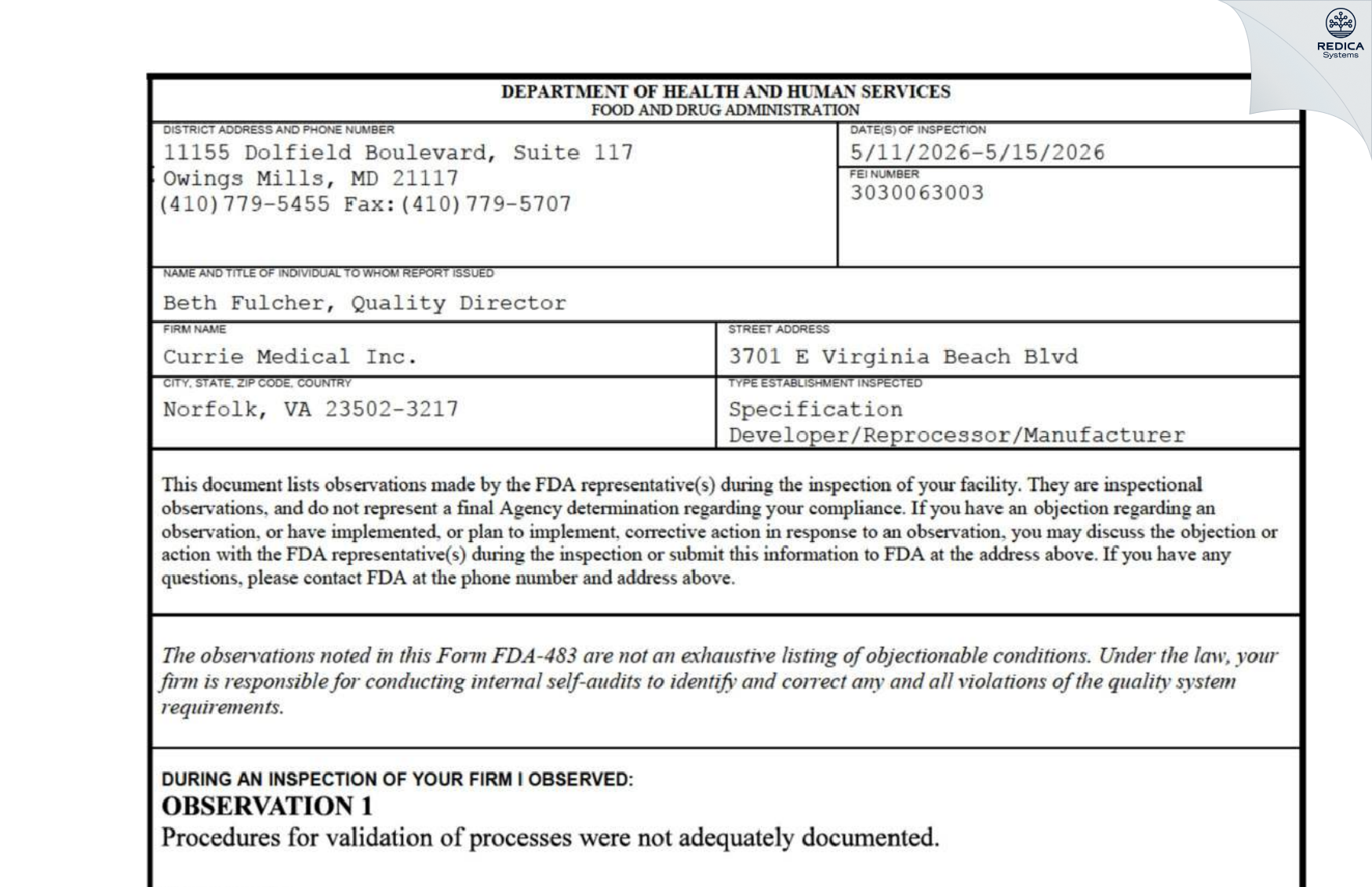 FDA 483 - Currie Medical, Inc. [Norfolk / United States of America] - Download PDF - Redica Systems