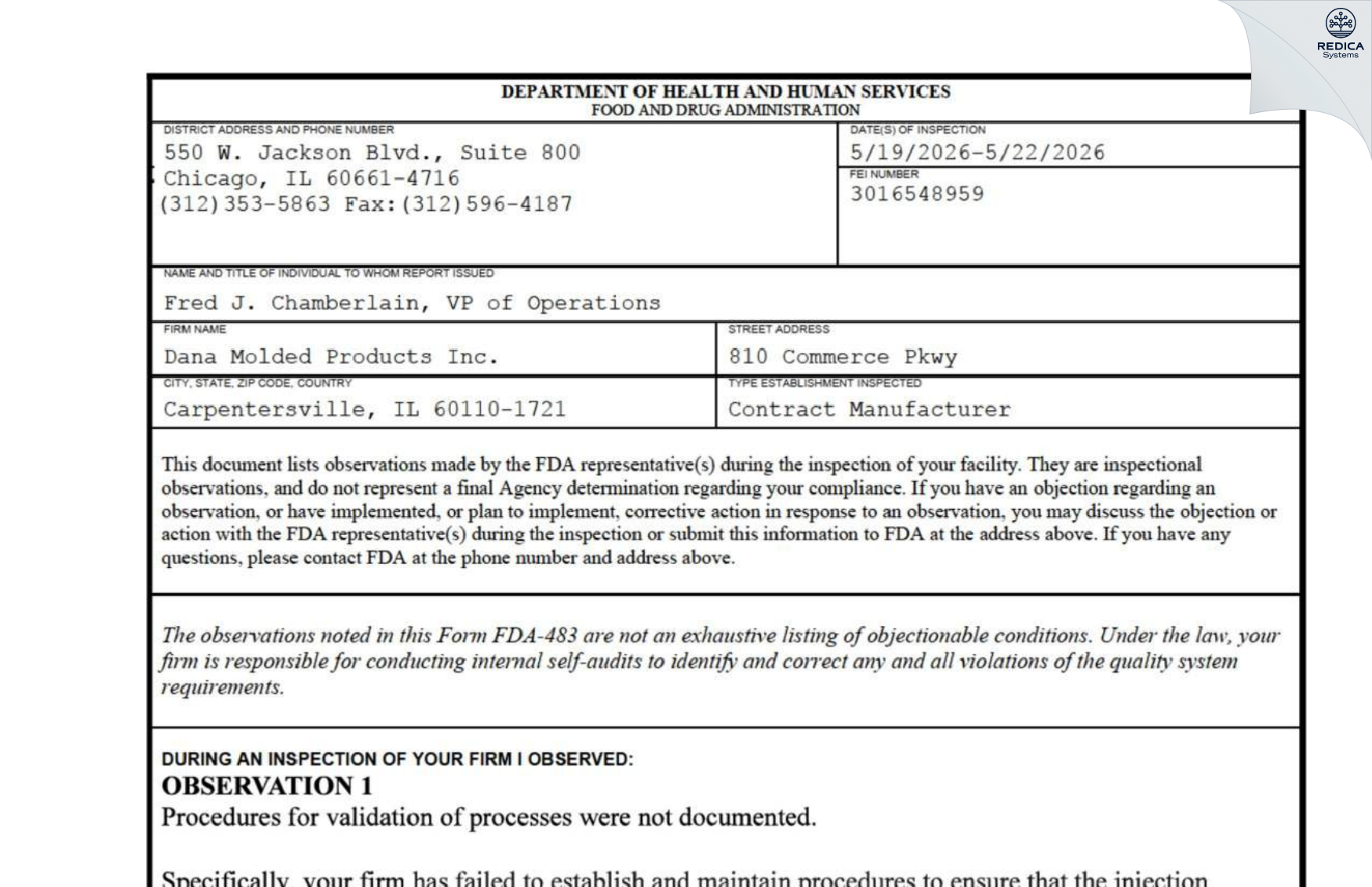 FDA 483 - Dana Molded Products Inc [Carpentersville / United States of America] - Download PDF - Redica Systems
