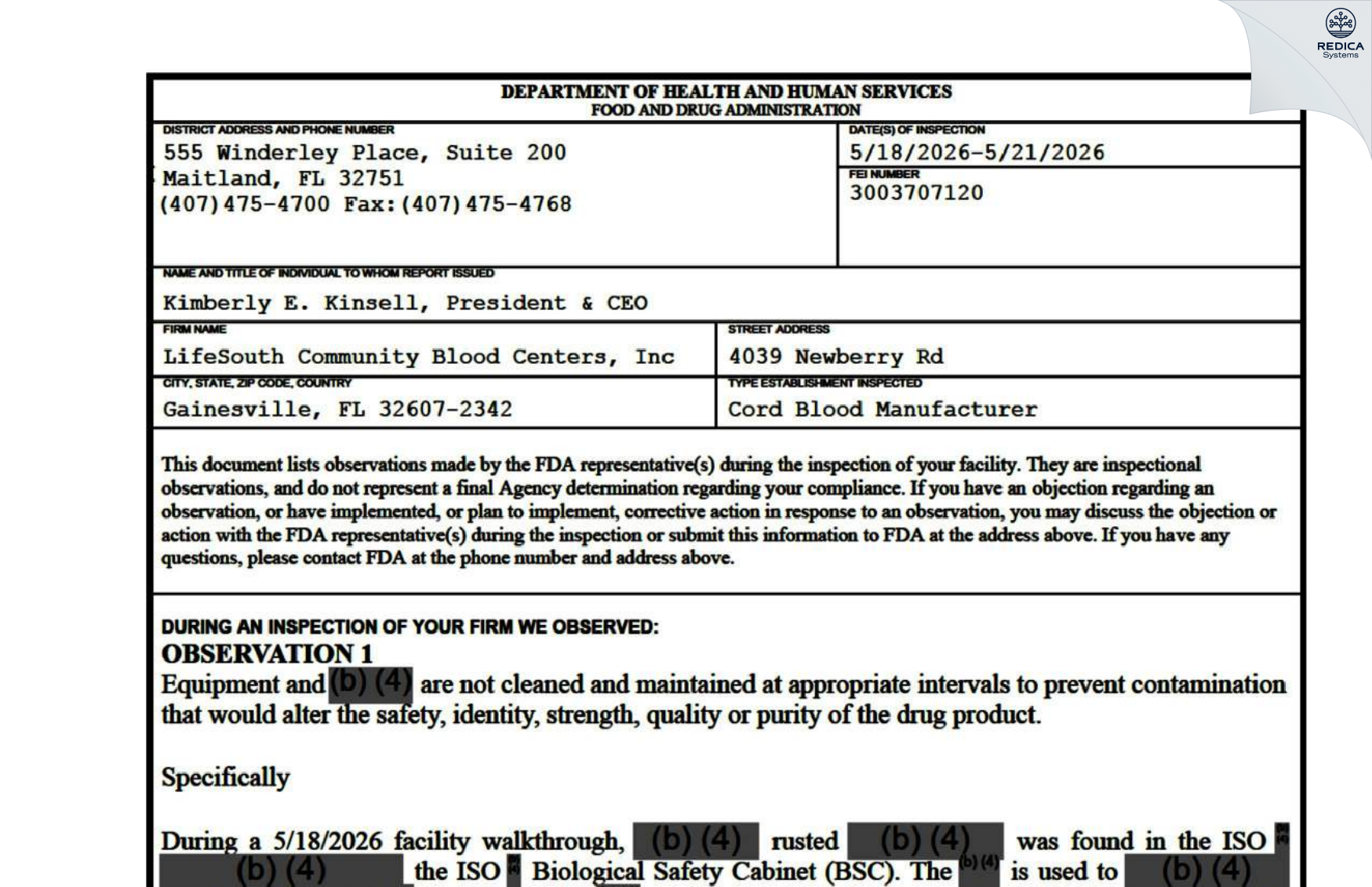 FDA 483 - LifeSouth Community Blood Centers, Inc [Gainesville / United States of America] - Download PDF - Redica Systems