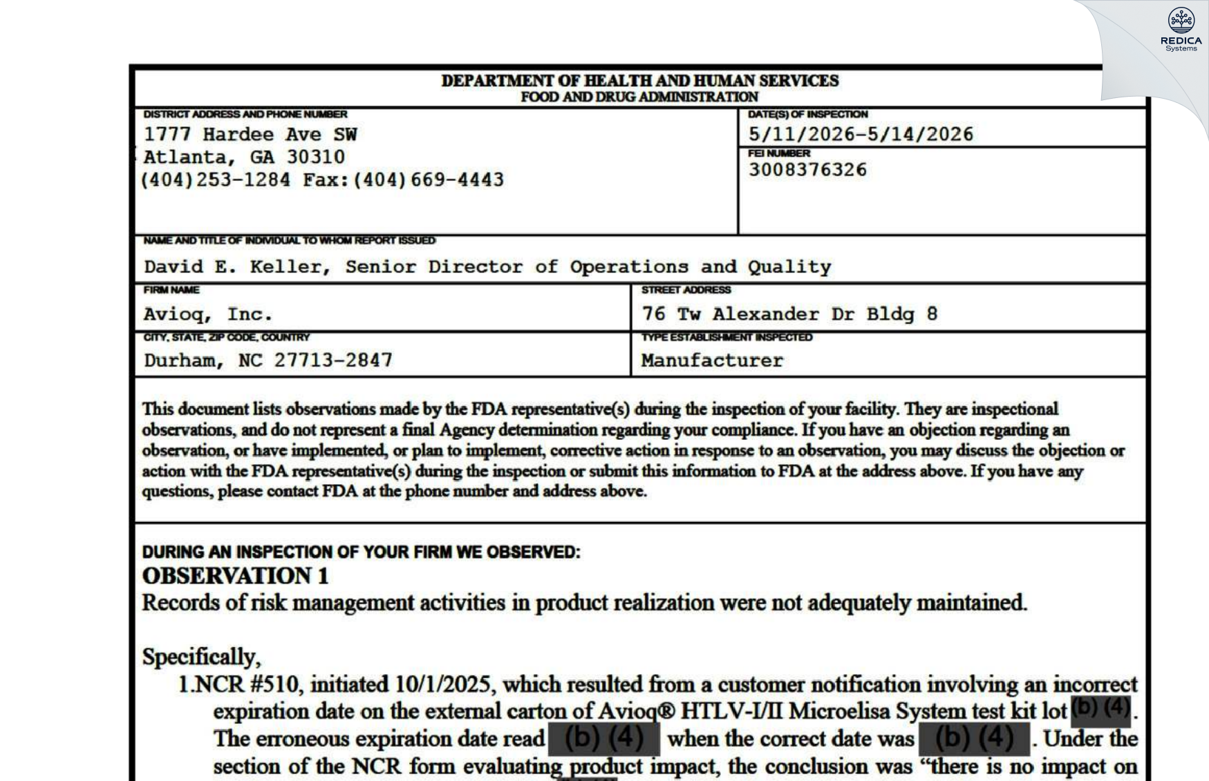 FDA 483 - Avioq, Inc. [Durham / United States of America] - Download PDF - Redica Systems