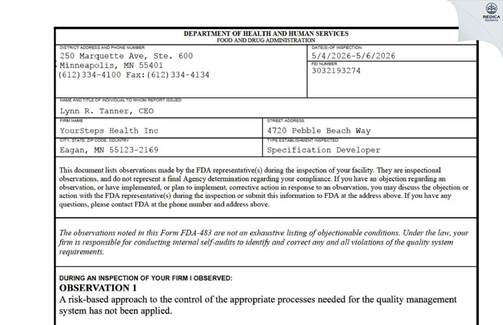 FDA 483 - YOURSTEPS HEALTH [Saint Paul / United States of America] - Download PDF - Redica Systems