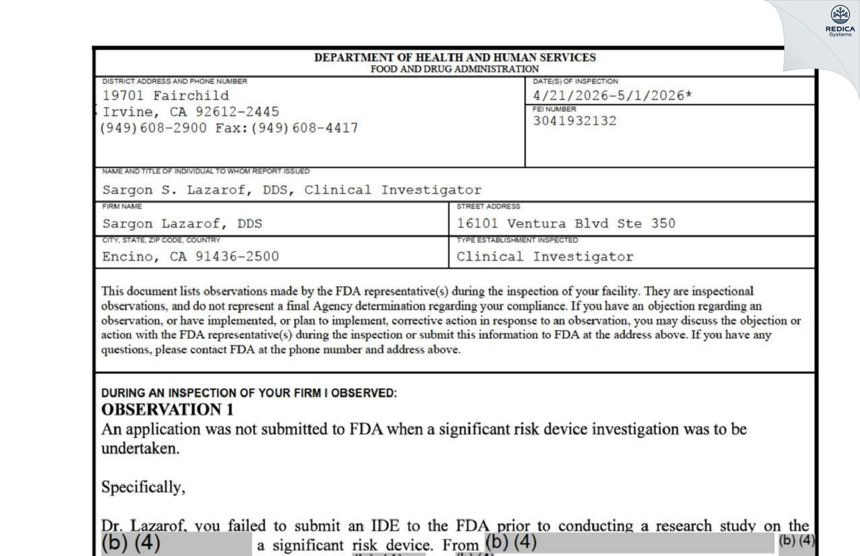 FDA 483 - Sargon Lazarof, DDS [Encino / United States of America] - Download PDF - Redica Systems