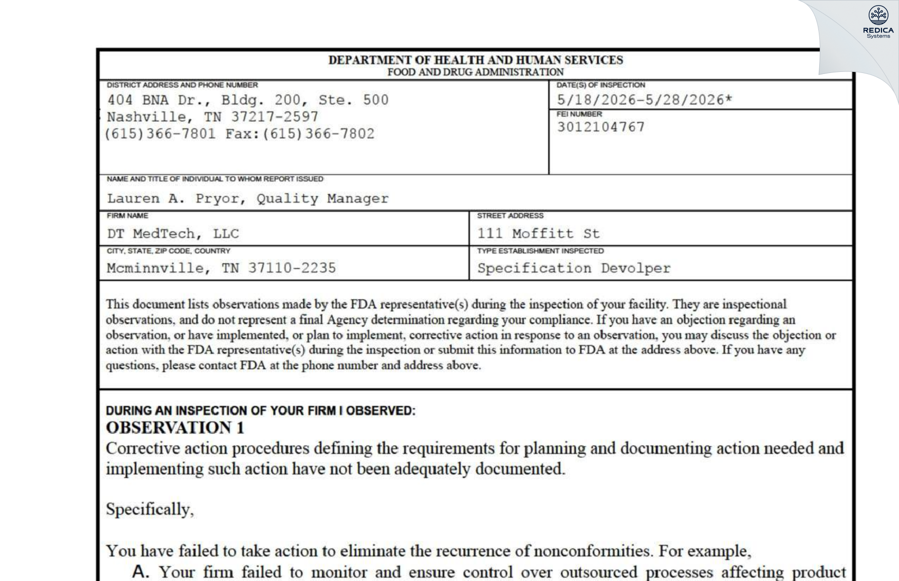 FDA 483 - DT MedTech, LLC [Towson / United States of America] - Download PDF - Redica Systems