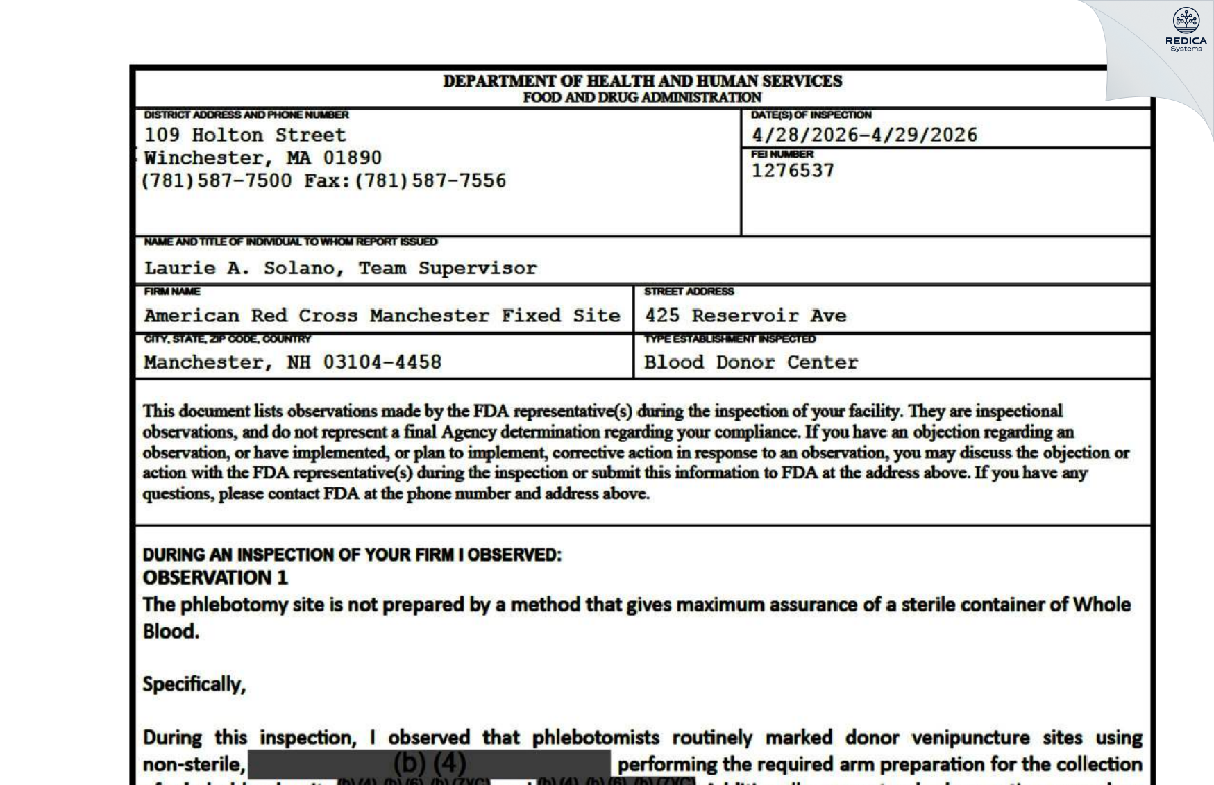 FDA 483 - ARC/Manchester, NH [Manchester / United States of America] - Download PDF - Redica Systems