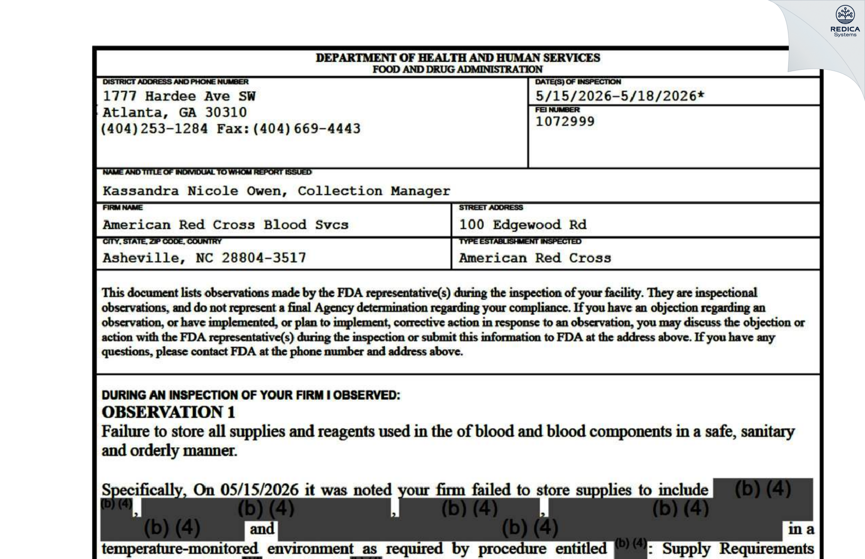 FDA 483 - American Red Cross Blood Svcs [Asheville / United States of America] - Download PDF - Redica Systems