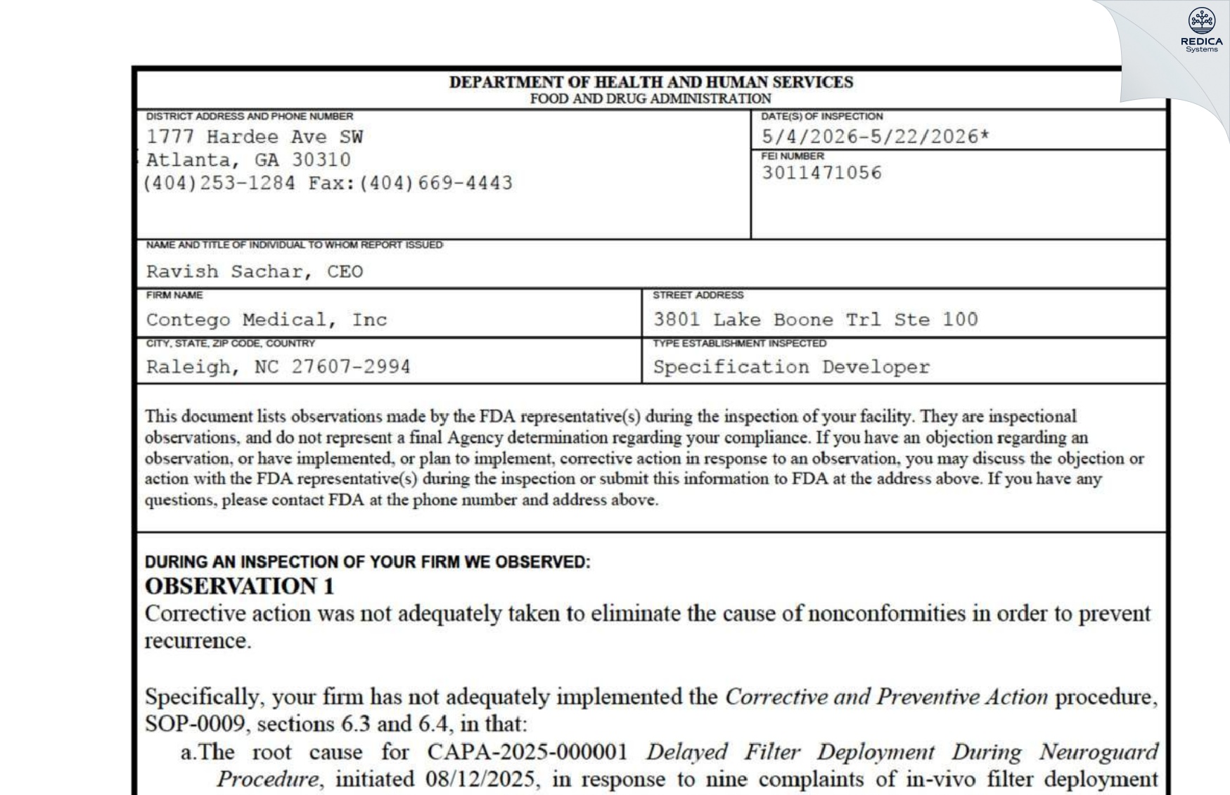FDA 483 - CONTEGO MEDICAL, INC [Raleigh / United States of America] - Download PDF - Redica Systems