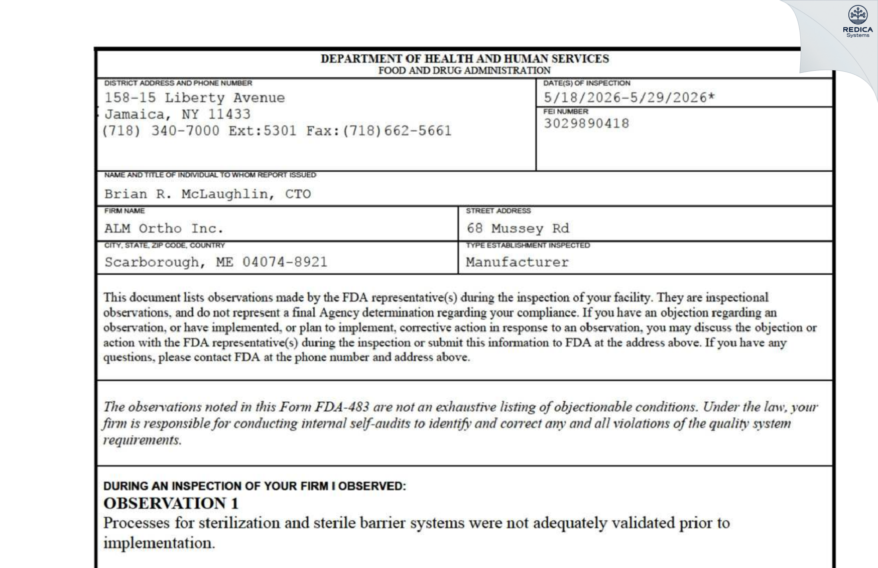 FDA 483 - ALM ORTHO, INC. [Scarborough / United States of America] - Download PDF - Redica Systems
