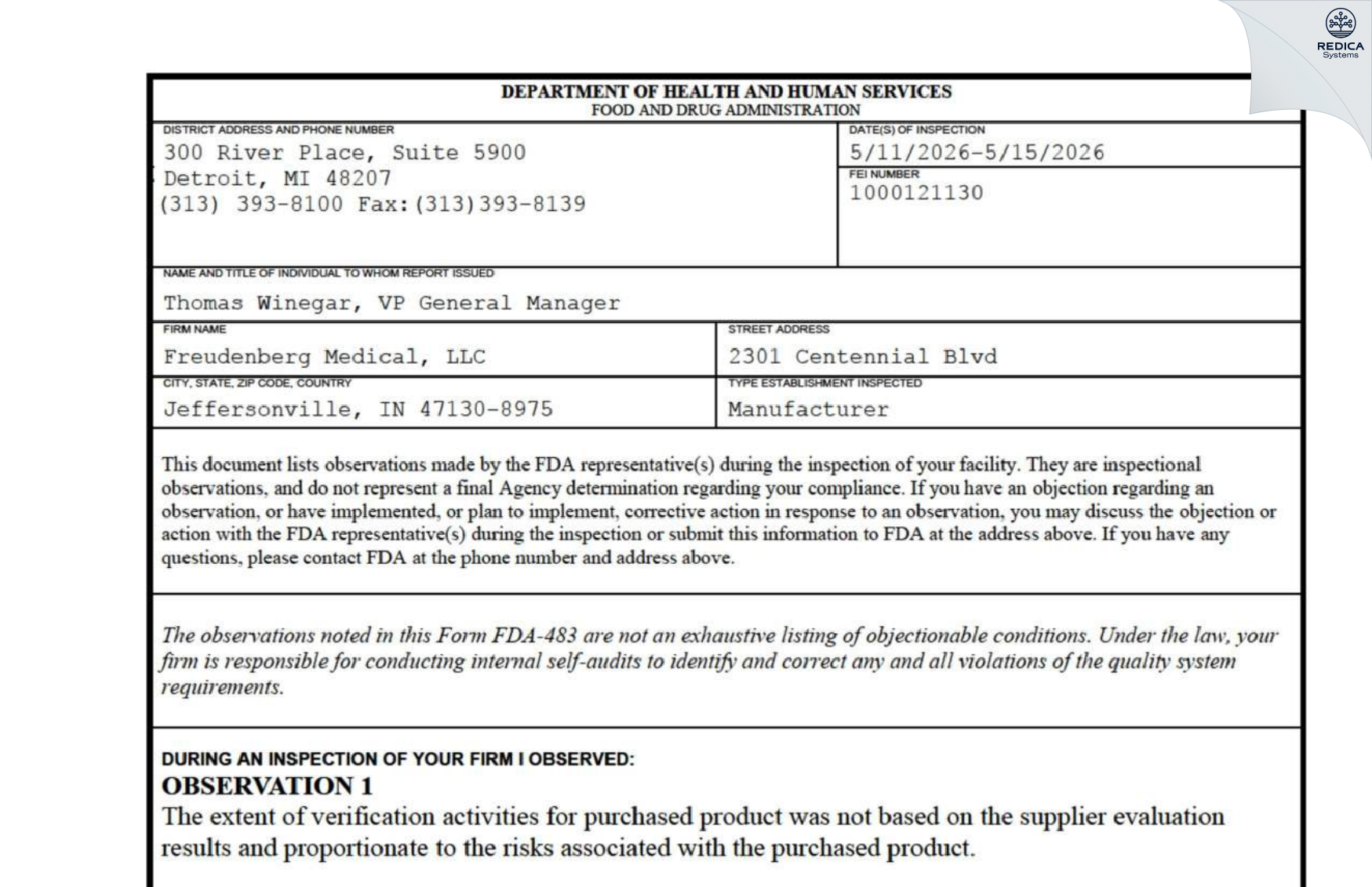 FDA 483 - Medventure Technology Corp [Jeffersonville / United States of America] - Download PDF - Redica Systems