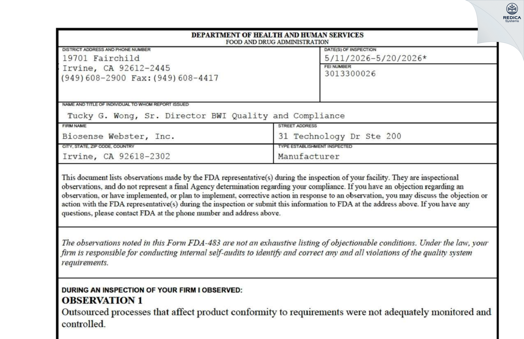 FDA 483 - BIOSENSE WEBSTER [Irvine / United States of America] - Download PDF - Redica Systems