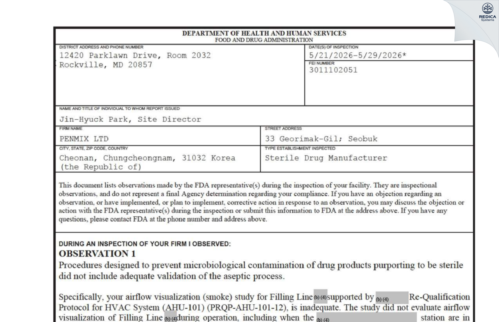 FDA 483 - Penmix Ltd. [Seobuk-Gu / Korea (Republic of)] - Download PDF - Redica Systems