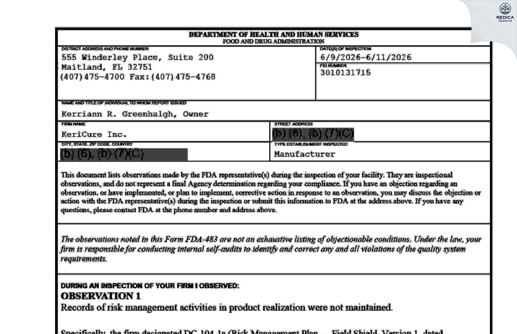 FDA 483 - KERICURE MEDICAL [Wesley Chapel / United States of America] - Download PDF - Redica Systems