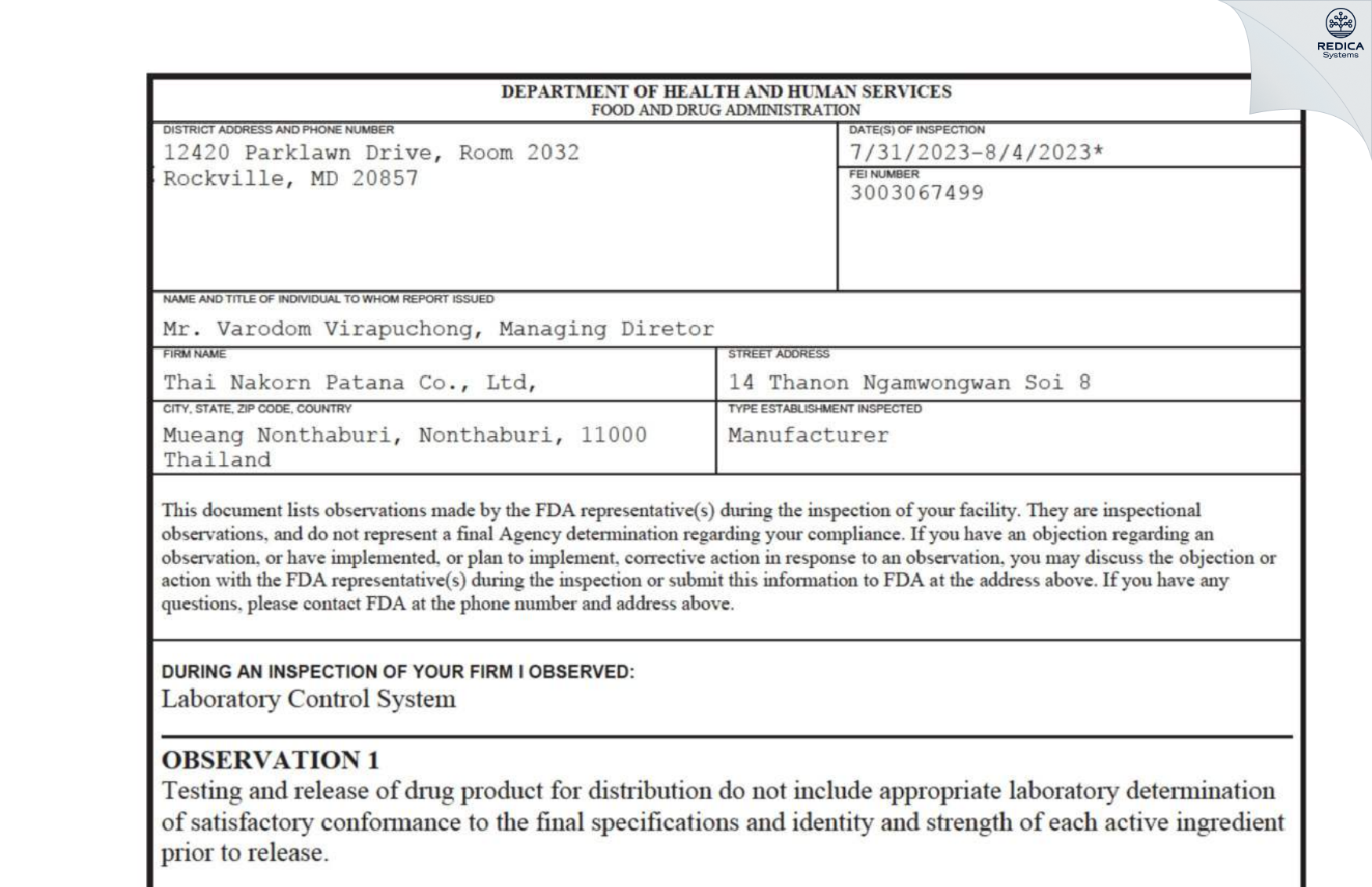FDA 483 - Thai Nakorn Patana Co., Ltd. [Bang Khen / Thailand] - Download PDF - Redica Systems