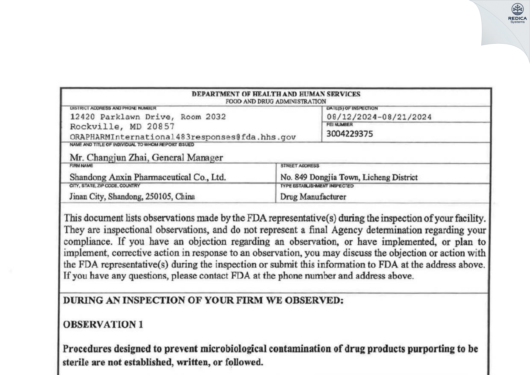 FDA 483 - Shandong Anxin Pharmaceutical Co., Ltd. [Jinan / China] - Download PDF - Redica Systems