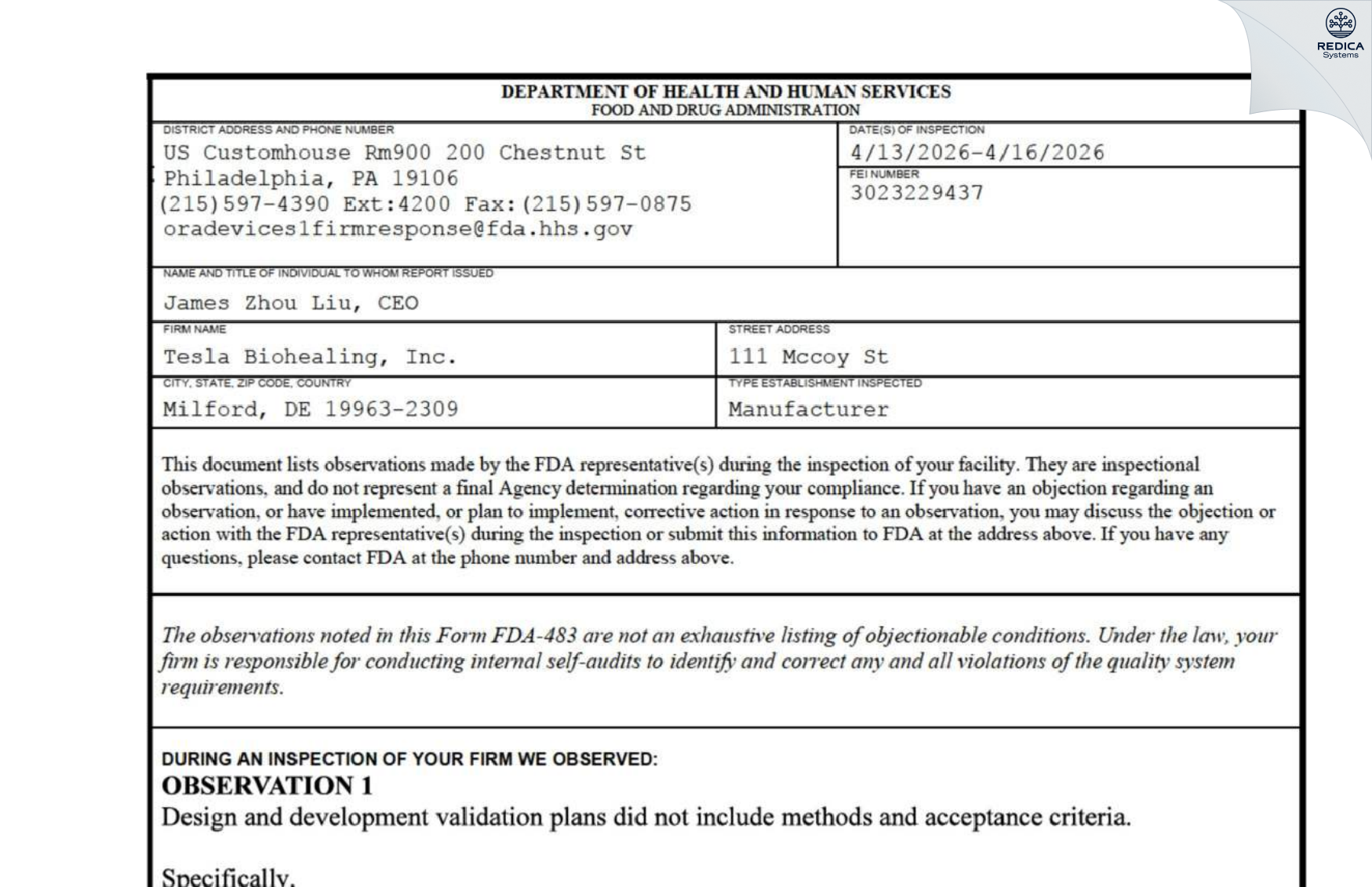 FDA 483 - Tesla Biohealing, Inc. [Milford / United States of America] - Download PDF - Redica Systems