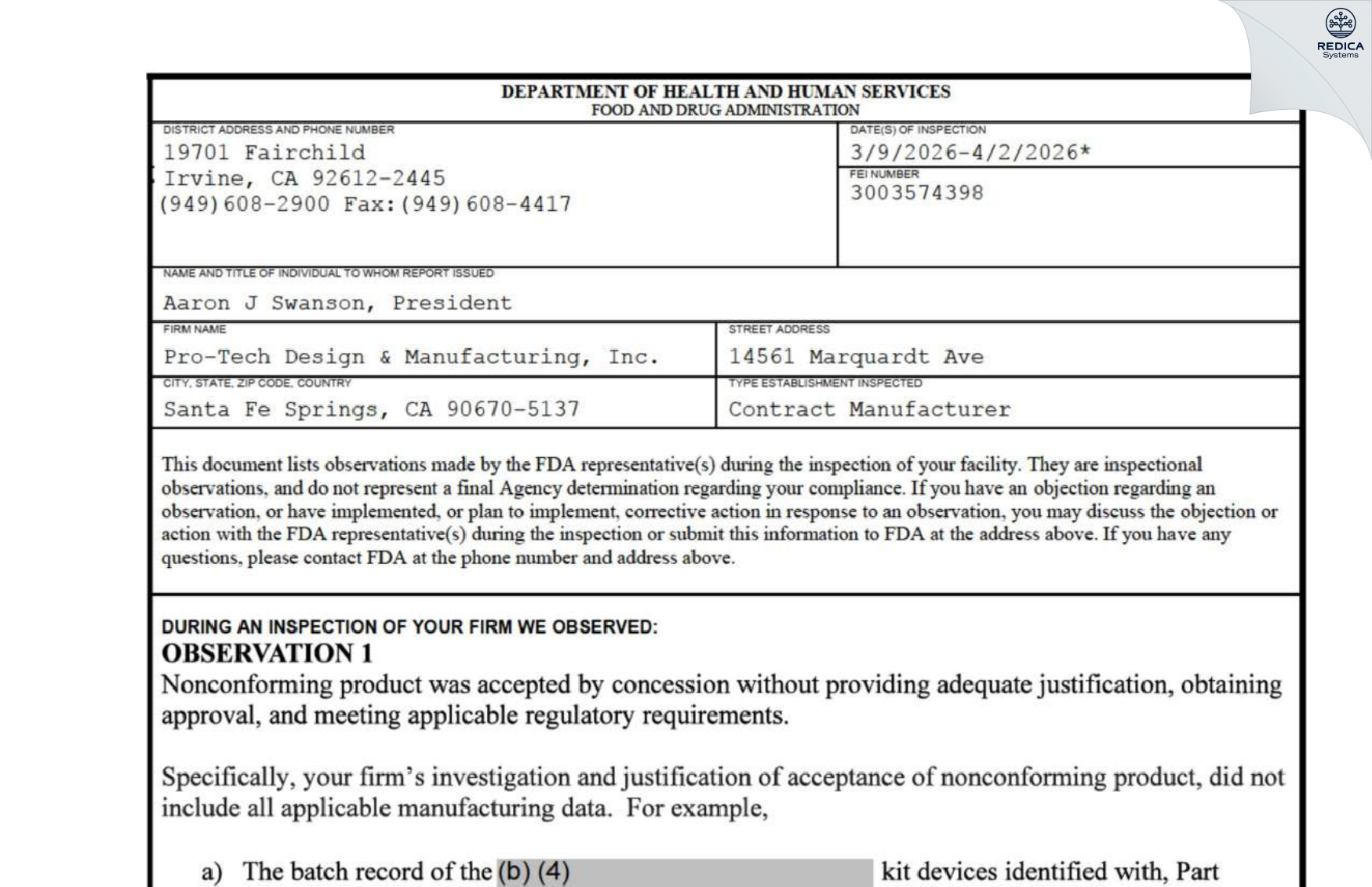 FDA 483 - Pro-Tech Design & Mfg. Inc. [Santa Fe Springs / United States of America] - Download PDF - Redica Systems