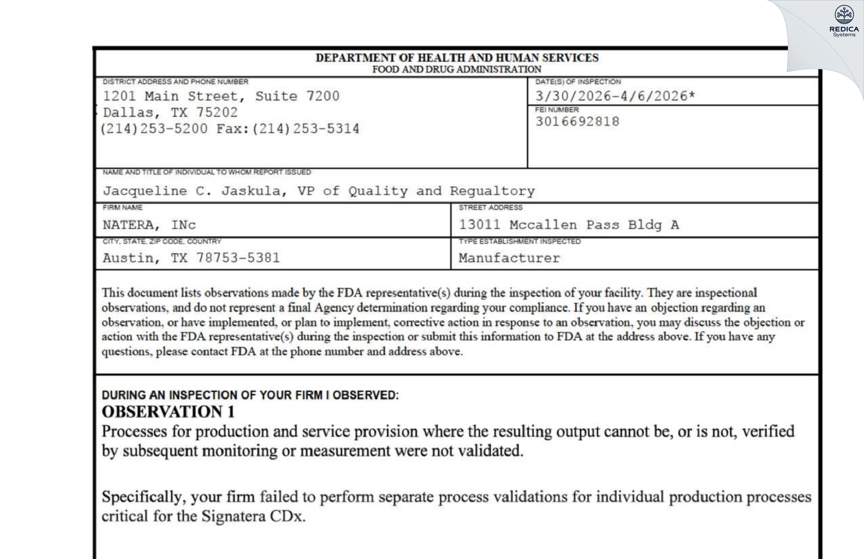 FDA 483 - NATERA [Austin / United States of America] - Download PDF - Redica Systems