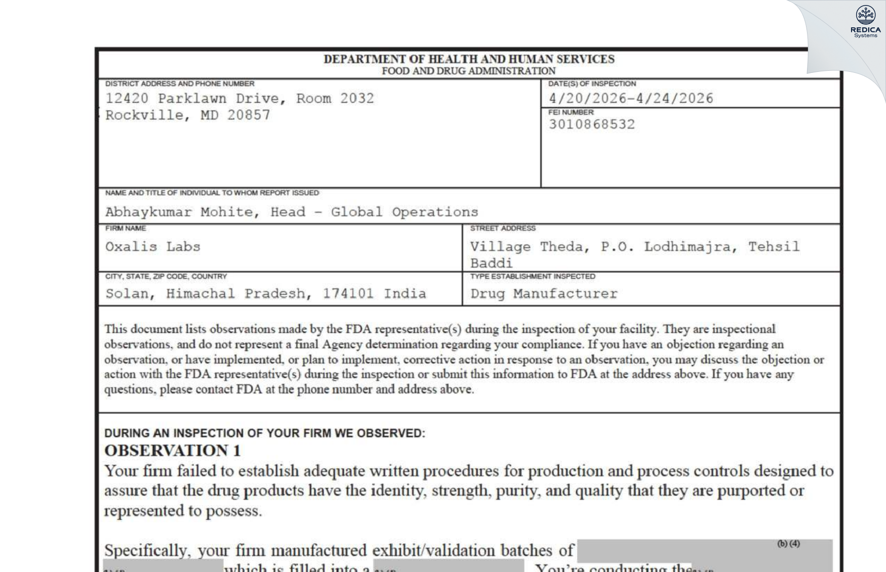 FDA 483 - OXALIS LABS [Baddi / India] - Download PDF - Redica Systems