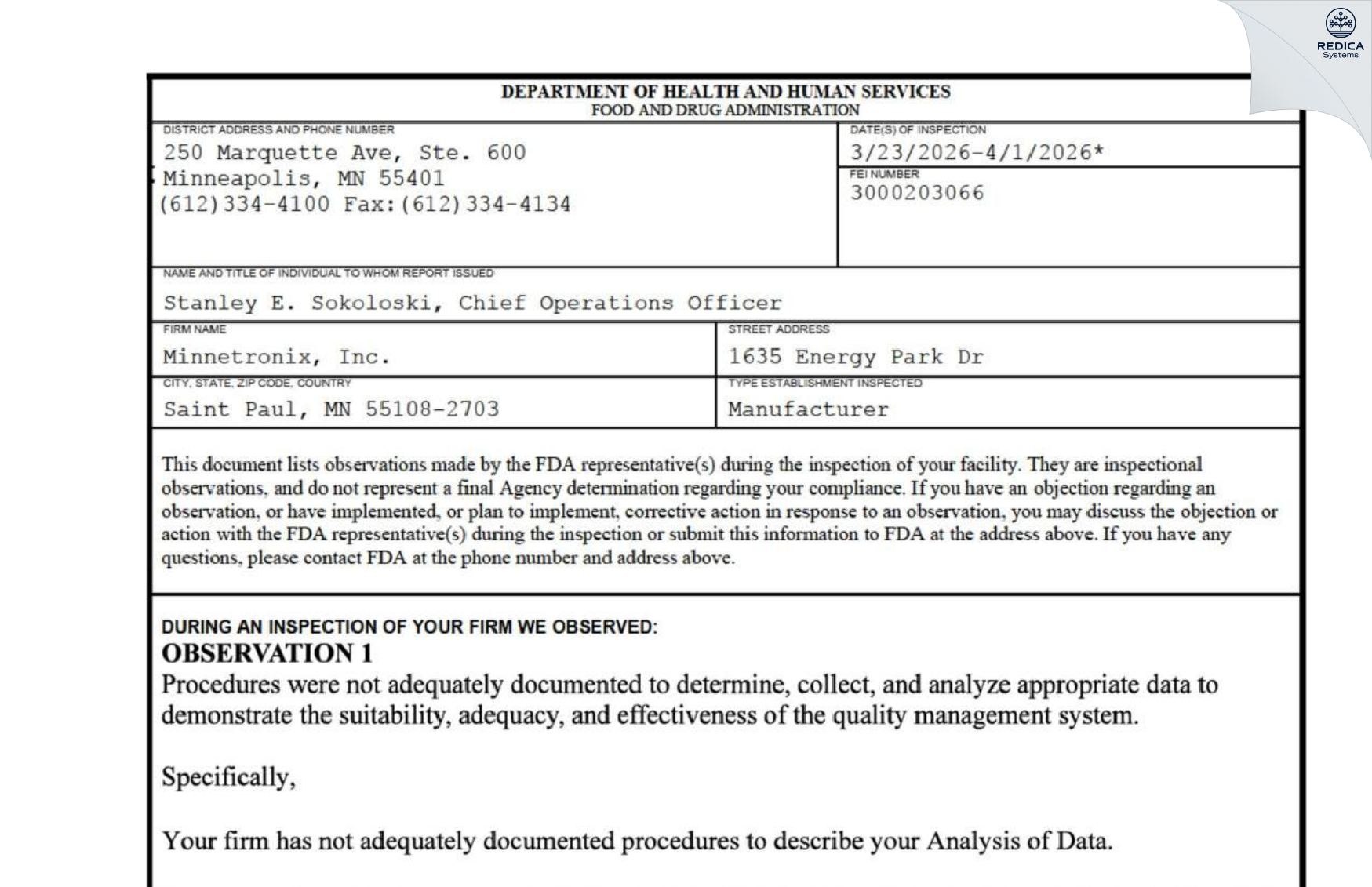 FDA 483 - Minnetronix, Inc. [Saint Paul / United States of America] - Download PDF - Redica Systems